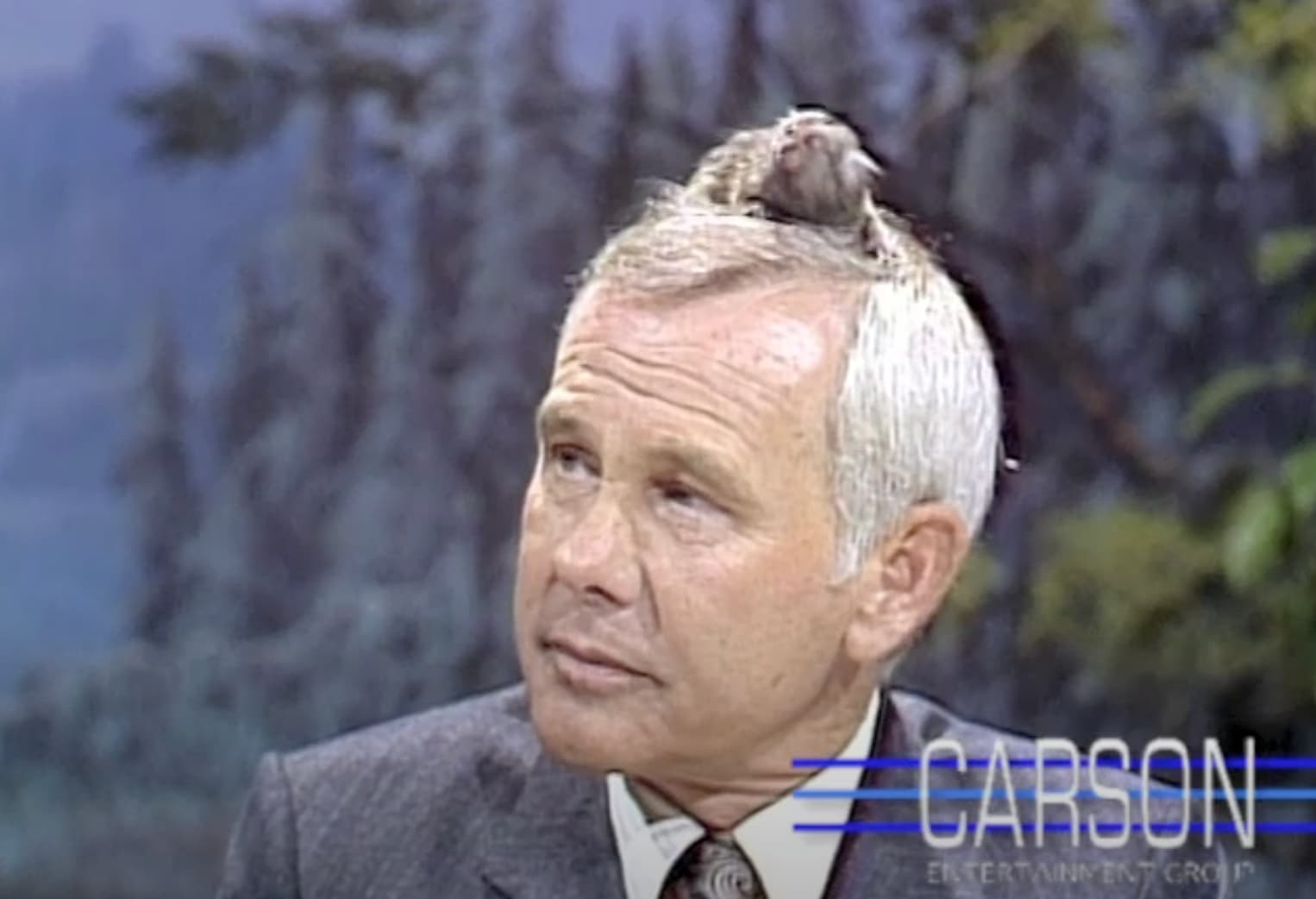 A marmoset sits on Carson’s head.